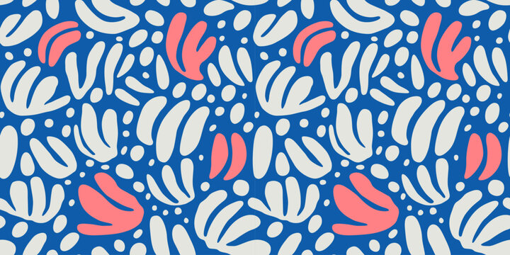Abstract organic shape art seamless pattern with blue nature doodles. Contemporary flat cartoon background, simple leaf shapes in hand drawn style. 