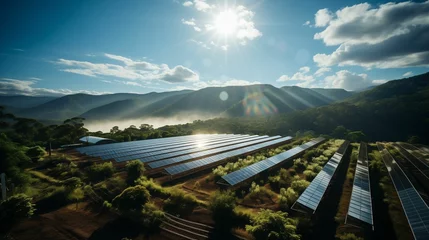 Foto auf Alu-Dibond AI generated illustration of solar panels in a green landscape © Wirestock