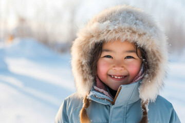 A closeup portrait of happy Inuit native American child smiling on a cold winter day - obrazy, fototapety, plakaty