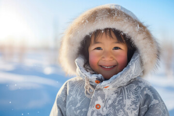 A closeup portrait of happy Inuit native American child smiling on a cold winter day - obrazy, fototapety, plakaty