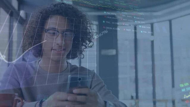 Animation of multiple graphs and trading boards over smiling biracial man scrolling on smartphone