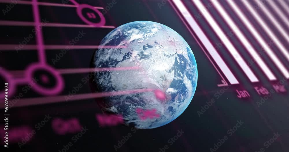 Poster animation of globe, graphs and computer language over globe against black background