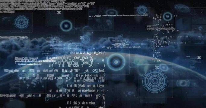 Animation of computer language, circles, radars, globe over aerial view of dense clouds