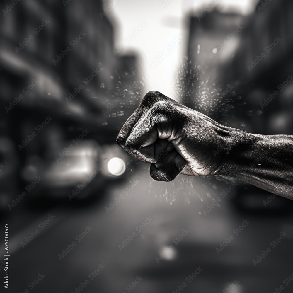 Wall mural Black and white photo of a fist hitting the ground, AI