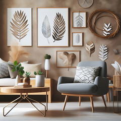 Relaxing Modern Interior Design Room Home Decor Neutral Tropical Palm Vine Leaf Plant Foliage Motifs on wall in Contemporary & Rustic Room.  Home Furnishing Abstract Art. Nature Forest Theme Concept