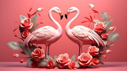 Two Pink flamingos Sign Love Heart in bouquet of Pink roses