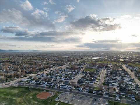 Aerial view of an urban area, captured from a high-altitude perspective in Roy, Utah
