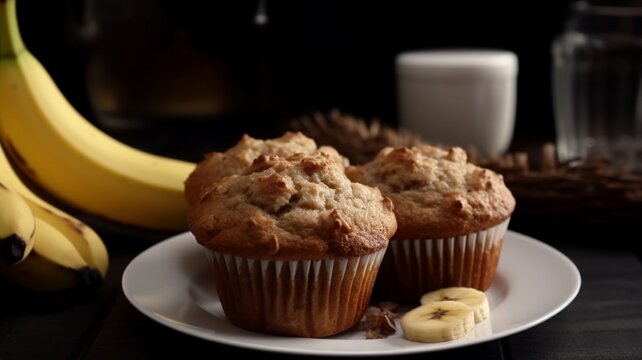 Banana wholemeal muffin on a plate, wheat flour AI Generated pictures art