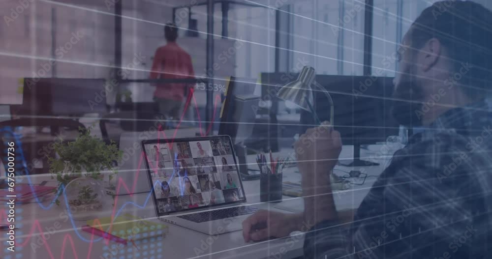 Poster animation of multiple graphs with changing numbers over diverse coworkers discussing on video call