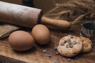 Closeup of bakery and confectionery products, rustic, and traditional on a wooden table