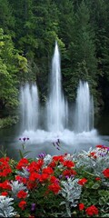 a bunch of red and white flowers around a fountain in the middle of the park