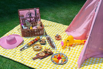 Closeup of various delicious dishes on a blanket for a picnic