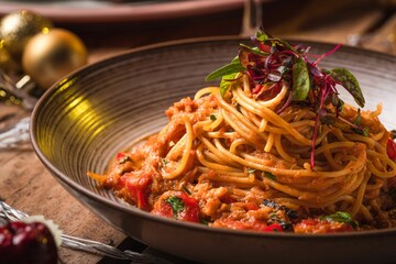 Closeup of a plate of pasta on a Christmas-themed table