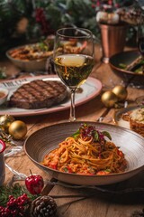 Closeup of a plate of pasta on a Christmas-themed table