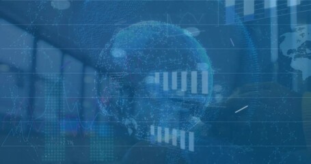 Animation of eye, graphs, loading circles and globes over empty warehouse - Powered by Adobe