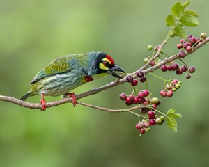 Closeup of a Coppersmith barbet bird perched on a tree branch in a field with a blurry background