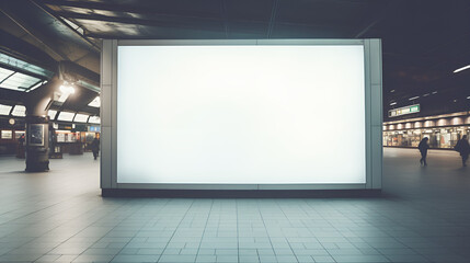 billboard on the street, White verticle horizontal billboard at train station, advertising billboard with train passing by