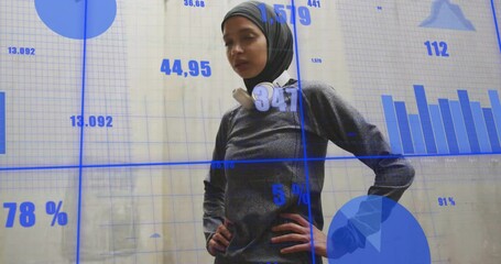 Animation of graphs, numbers, tired biracial female athlete wearing hijab standing and taking rest - Powered by Adobe