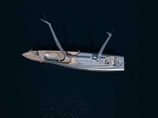 a large boat sailing across water near the shore at night