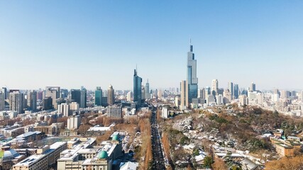 Aerial view of Nanjing, Jiangsu Province, China, after winter snow.