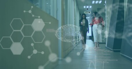 Animation of computer language, diverse coworkers with coffee cup discussing while walking in office - Powered by Adobe