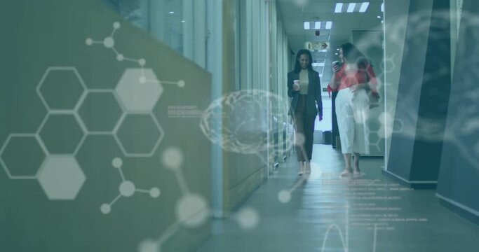 Animation of computer language, diverse coworkers with coffee cup discussing while walking in office