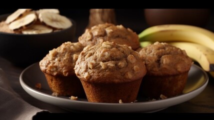Banana wholemeal muffin on a plate, wheat flour AI Generated pictures