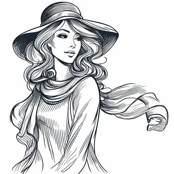 Line Drawing Silhouette Graphic Portrait Sketch Art of a Tranquility Sexy Beautiful Makeup Face Elegant Fashion Caucasian Woman Lady & Long Hair & a Flowing Dress & a RetroVintage Big Broad Brim  Hat