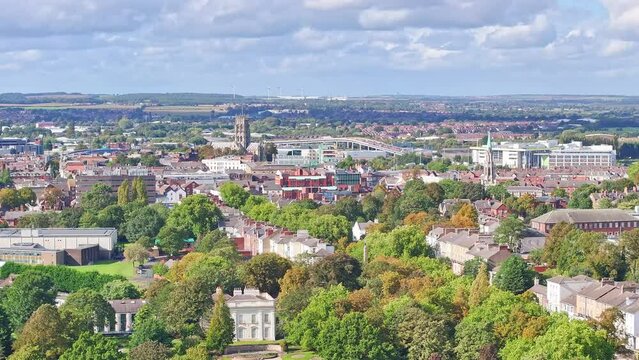 City Overview Of Doncaster During Sunny Daytime In South Yorkshire, England. Aerial Drone Shot