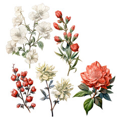 various traditional Japaneese flowers isolated on transparent background