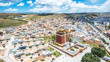 a bird's eye view of Wenshi Zen Temple, Hexia Ancient Town, Huaian City, China