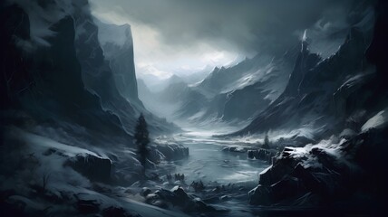 painting of a valley covered in snow