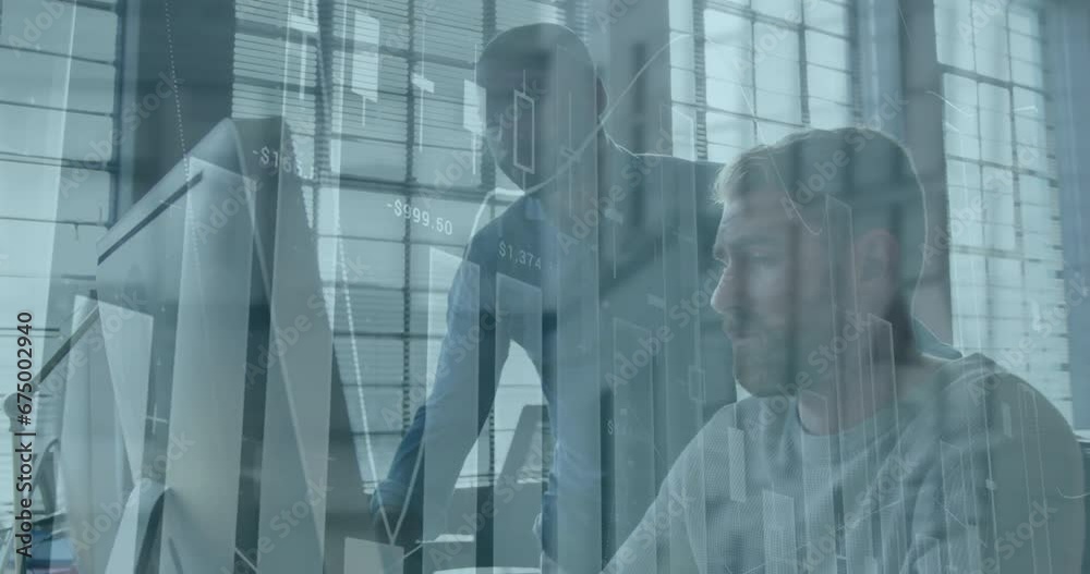 Poster animation of multiple graphs moving over diverse male colleagues analyzing sales data over computer