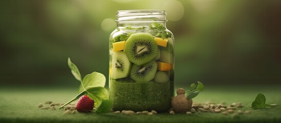 In the light of a summer day I enjoy blending a healthy and refreshing green smoothie that serves as the top choice in my cooking routine Served in a mason jar with a nature inspired backgro - obrazy, fototapety, plakaty