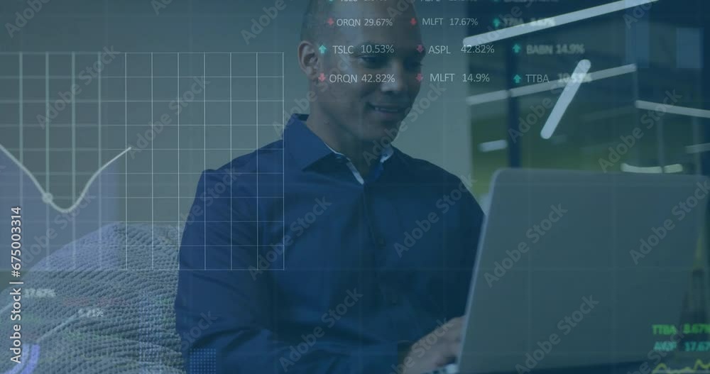 Sticker Animation of trading board and graphs over african american businessman using laptop in office