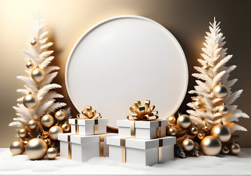 3D render, white and gold winter holiday background with empty podiums, frozen spruce twigs, wrapped gift boxes, and Christmas ornaments. AI Generative