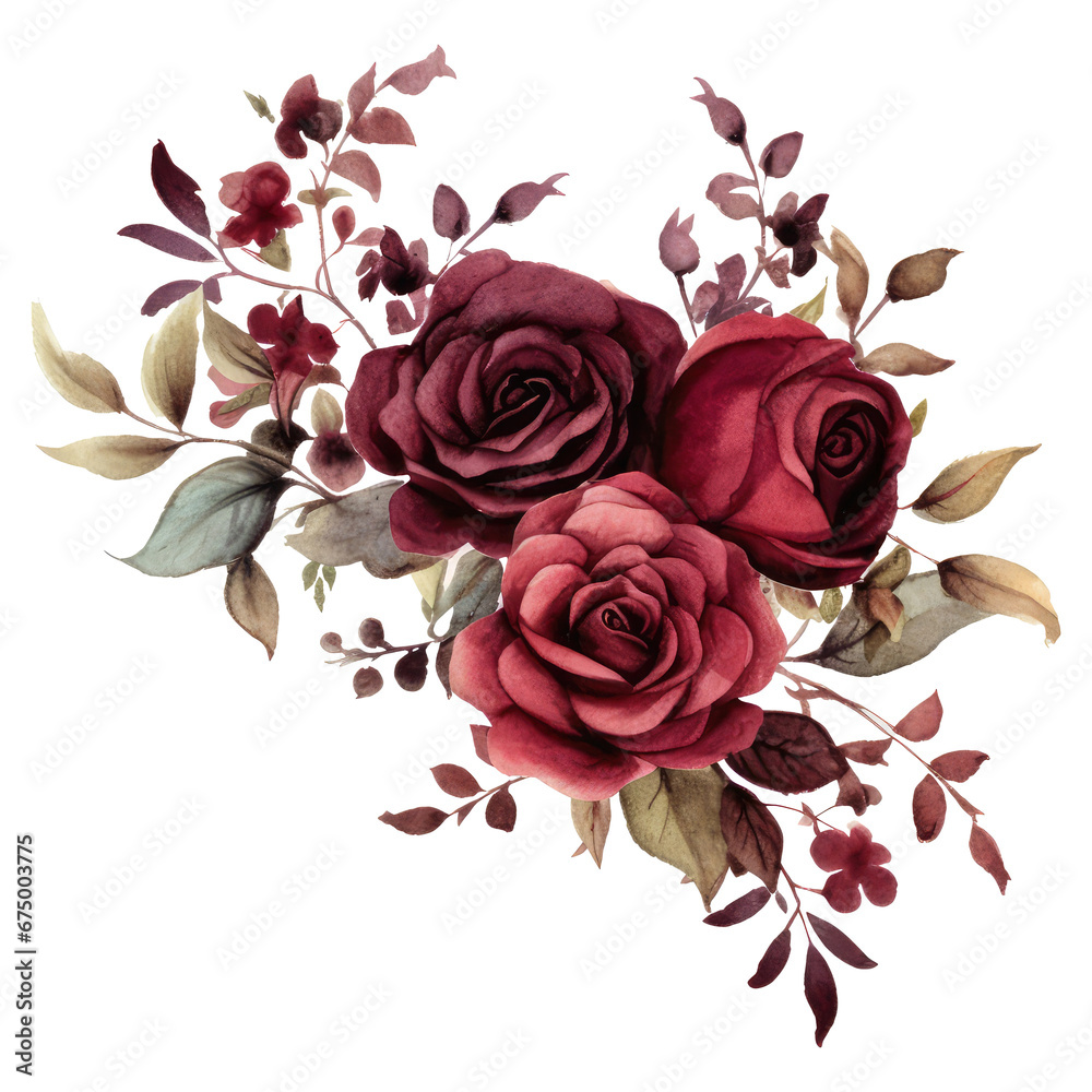 Wall mural watercolor dark burgundy roses flower border isolated on transparent background