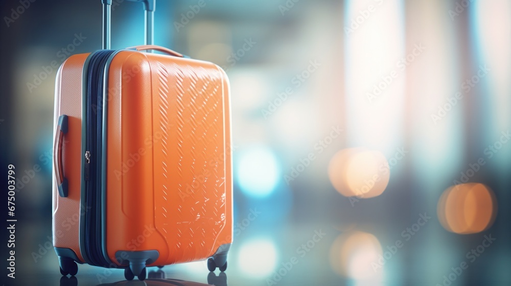 Poster Orange suitcase on the floor with blurred background, AI