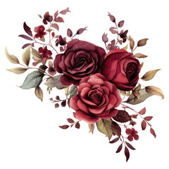 Watercolor dark Burgundy Roses  flower border isolated on transparent background