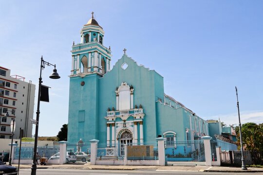 The Parroquia Sagrado Corazon de Jesus in Puerto Rico, featuring its captivating light blue facade
