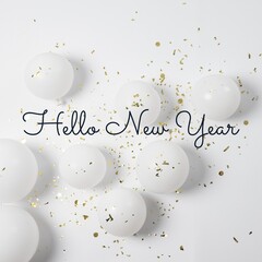 Fototapeta na wymiar Composite of hello new year text over white baubles and confetti on white background, copy space