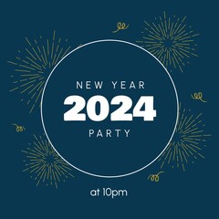 Illustration of new year 2024 party at 10 pm text with firework display on blue background