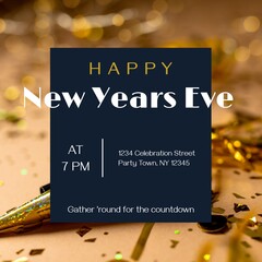 Composite of happy new years eve at 7pm, 1234 celebration street party town, ny 12345 over confetti