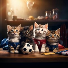 AI generated illustration of cats sitting on a table with a soccer ball