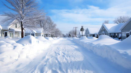 snow covered houses and street neighborhood
