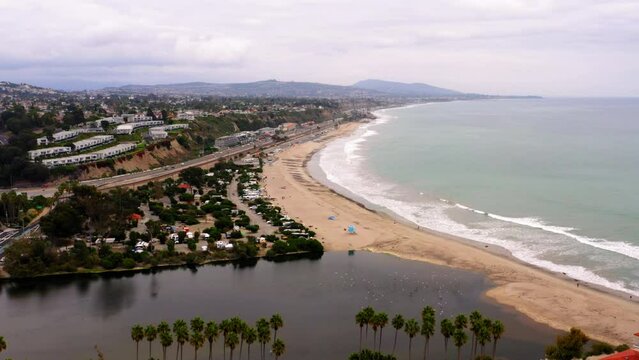 Drone footage of Doheny State Beach Campground and Doheny State Beach in Dana Point, California, USA