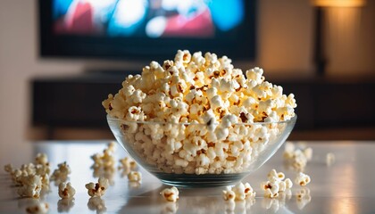 Home interior with a glass bowl of popcorn and remote control in front of the TV. Background for watching TV shows and series, cable TV