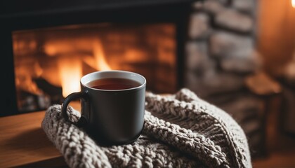 Living room with a fireplace featuring a mug of hot tea on a chair with a woolen blanket on a cozy winter day