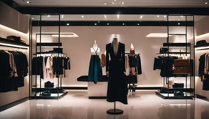 Women’s clothing and accessories in a luxury fashion store interior - obrazy, fototapety, plakaty