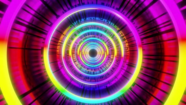 3D abstract of circles shape tunnel with colorful glowing neon lights rotating in seamless pattern